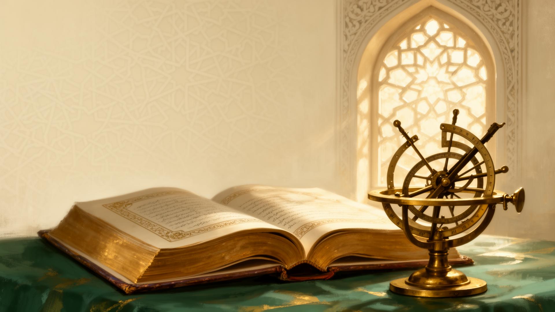 An illuminated manuscript and brass astrolabe in soft light